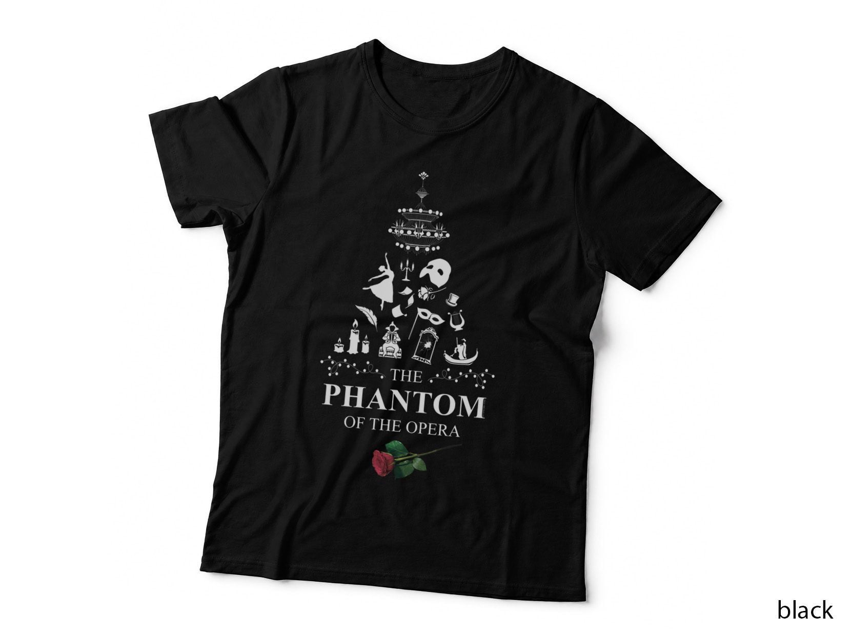Phantom of the Opera Christmas Tree Tee, Chandelier and Mask, Rose Theatre