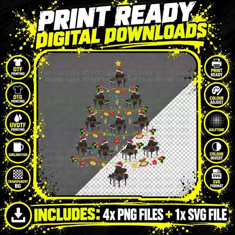 Piano Music Lover Xmas Santa Hat Piano Christmas Tree Png SVG Digital Bundle