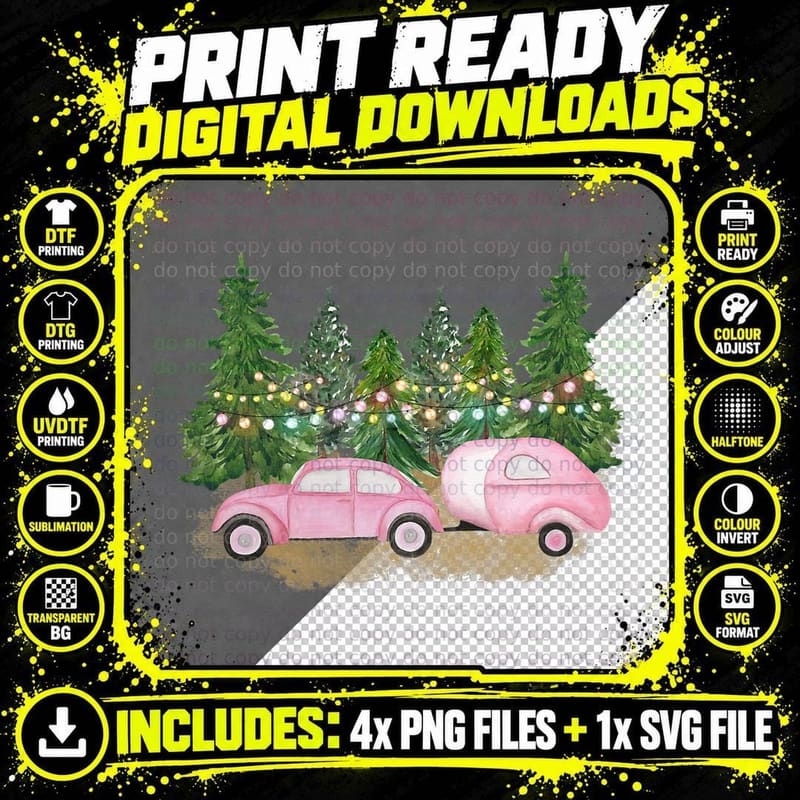 Pink Christmas Retro Car & Camper T-Shirt Png SVG Digital Bundle