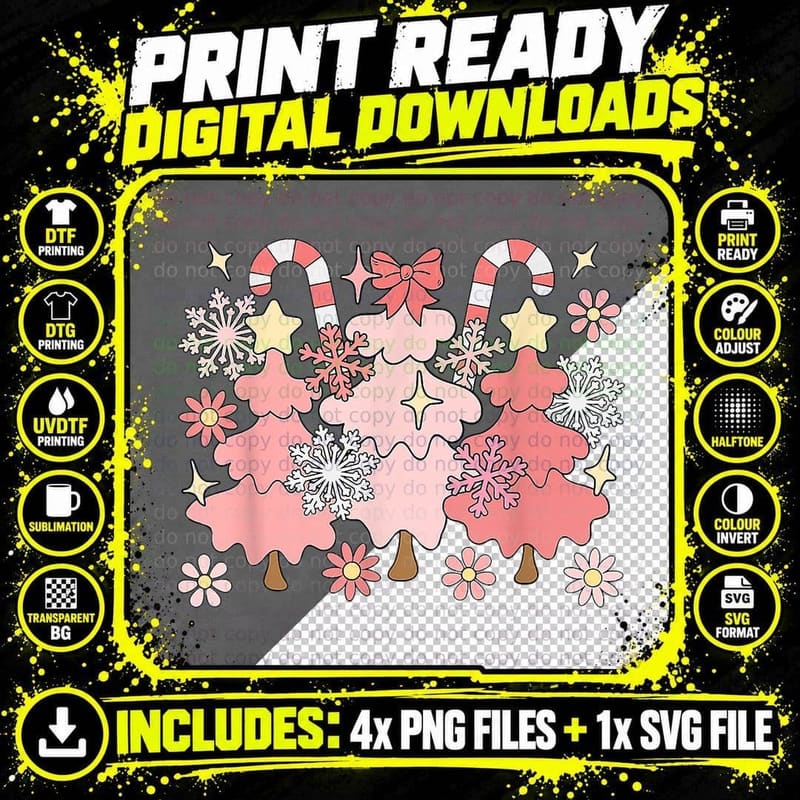 Pink Christmas Tree Happy Holiday Snowflake Candy Cane Png SVG Digital Bundle