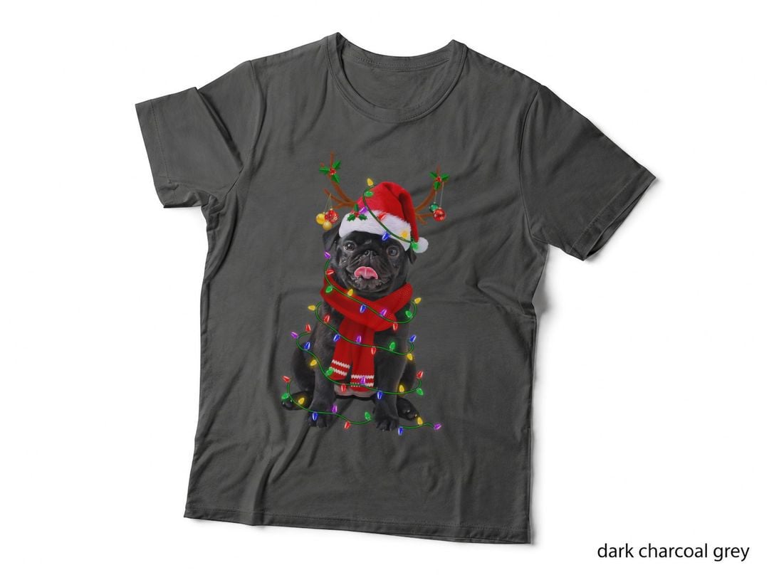 Pug Christmas Lights Santa Hat, Funny Dog Antlers Reindeer, Xmas Tee