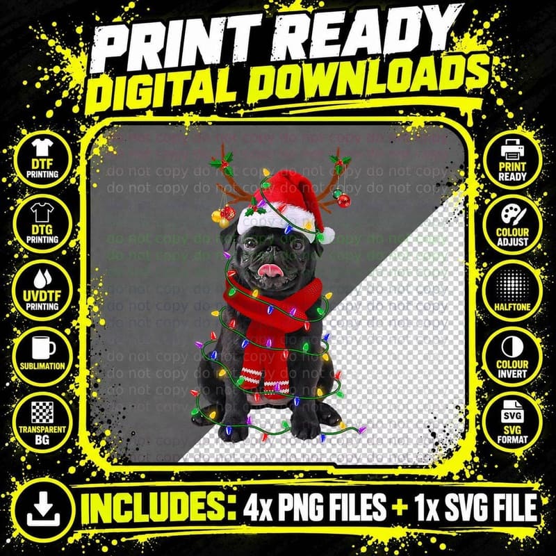 Pug Christmas Lights Santa Hat, Funny Dog Antlers Png SVG Digital Bundle