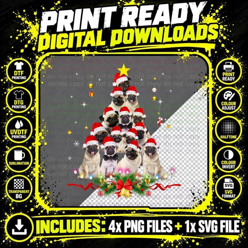 Pug Christmas Tree Dog Santa Merry Pugmas Xmas Gifts Png SVG Digital Bundle