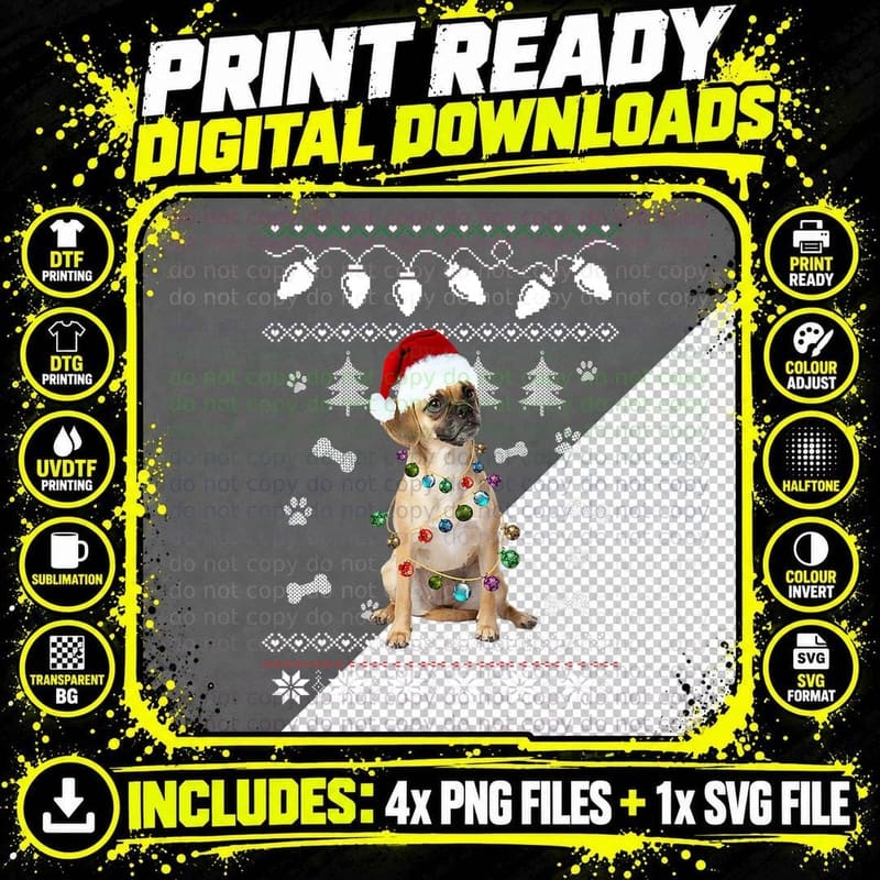 Puggle Christmas Dog Light Ugly Sweater T-Shirt Png SVG Digital Bundle