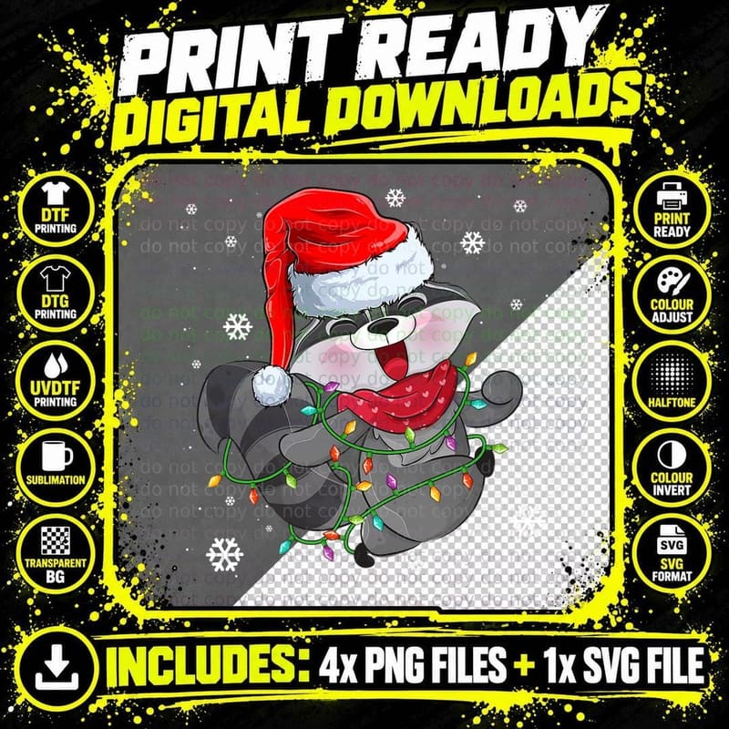 Raccoon Christmas Tree Lights T-Shirt Png SVG Digital Bundle