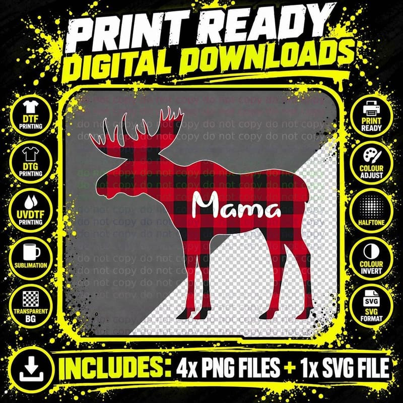 Red Plaid Mama Moose Xmas Matching Buffalo Family Pajama Png SVG Digital Bundle