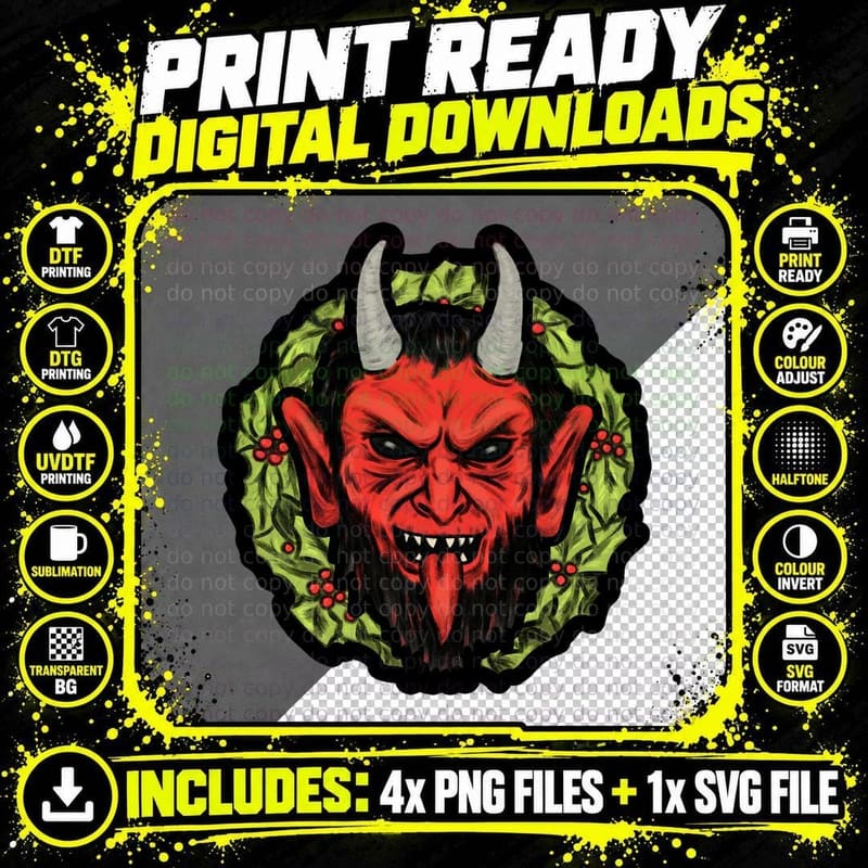 Retro Inspired Krampus Christmas Wreath T-Shirt Png SVG Digital Bundle