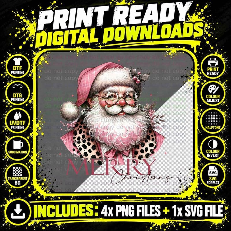Retro Santa Leopard Coat Holly, Vintage Christmas Png SVG Digital Bundle