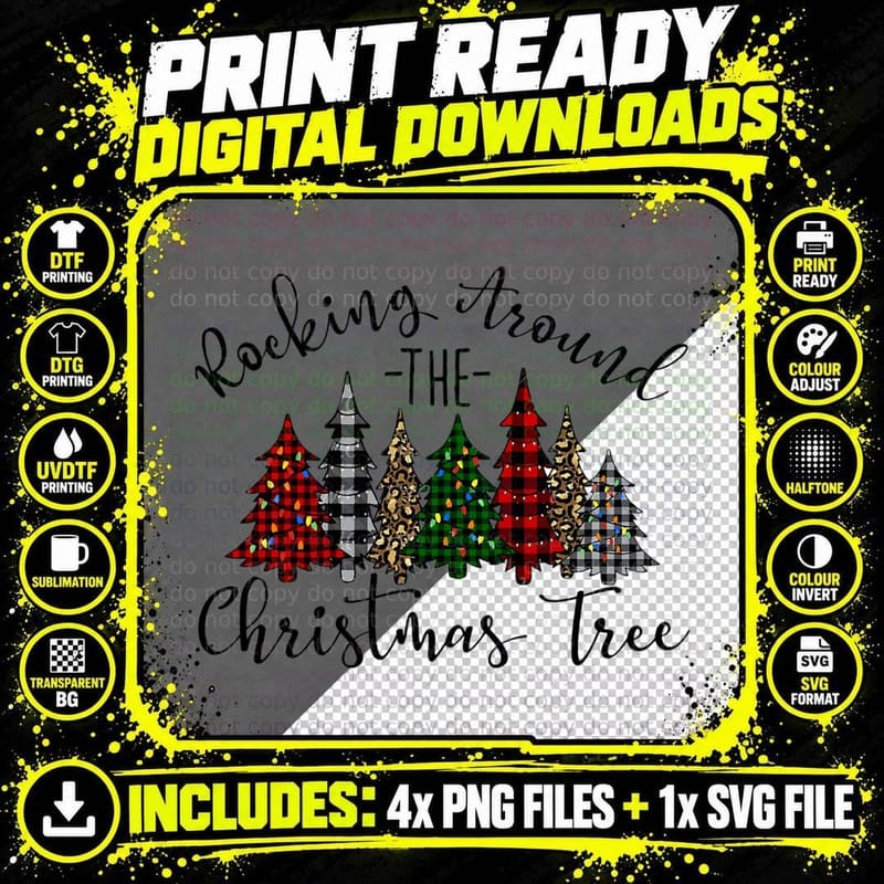 Rocking Around the Christmas Tree Leopard Buffalo Plaid Png SVG Digital Bundle