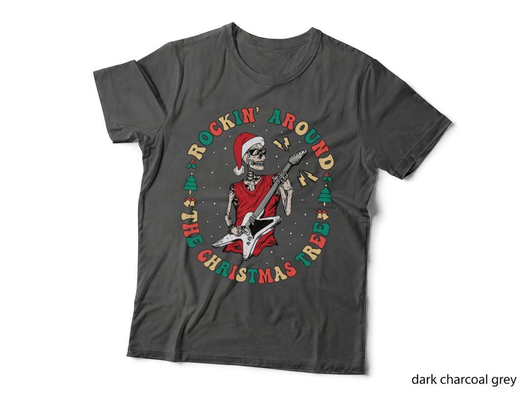 Rocking Around the Christmas Tree Rocker Skeleton Hand Rock T-Shirt