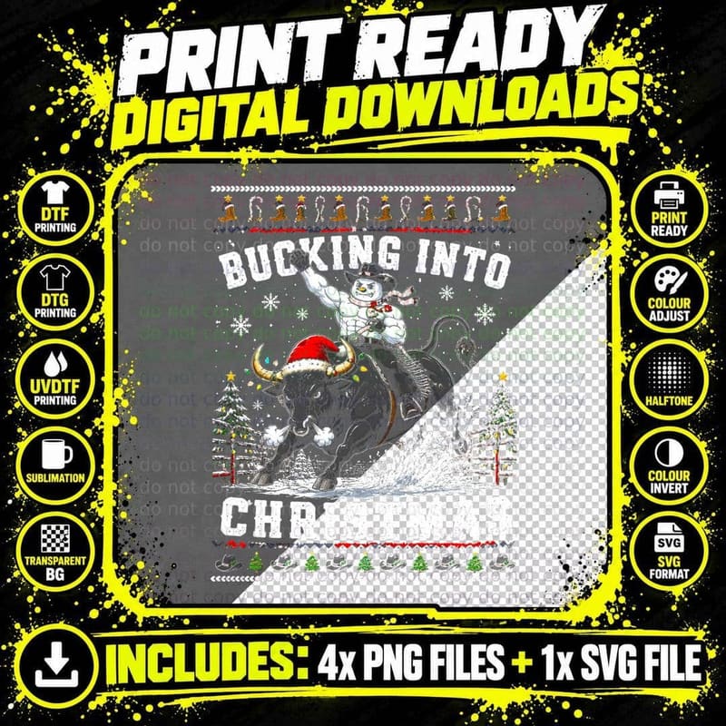 Rodeo Christmas Ugly Sweater Cowboy Bull Riding Vintage Png SVG Digital Bundle