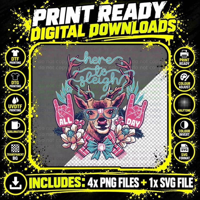 Rudolph Rockin' Christmas T-Shirt, Festive Rock Style Png SVG Digital Bundle