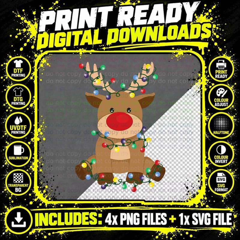 Rudolph Tangled up in Christmas Tree Lights Holiday Png SVG Digital Bundle