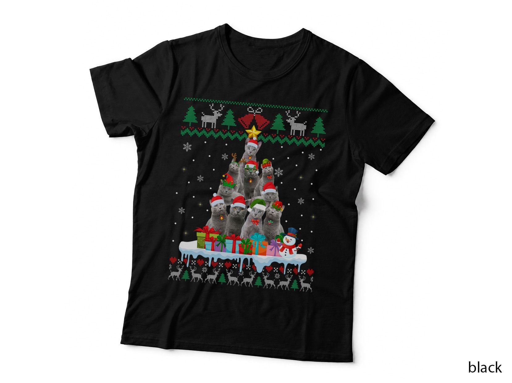 Russian Blue Cat Santa Christmas Tree Ugly Cat Xmas Sweater T-Shirt