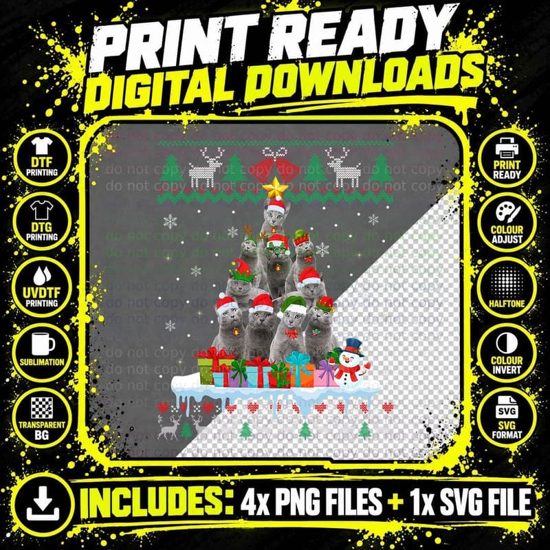 Russian Blue Cat Santa Christmas Tree Ugly Cat Xmas Png SVG Digital Bundle