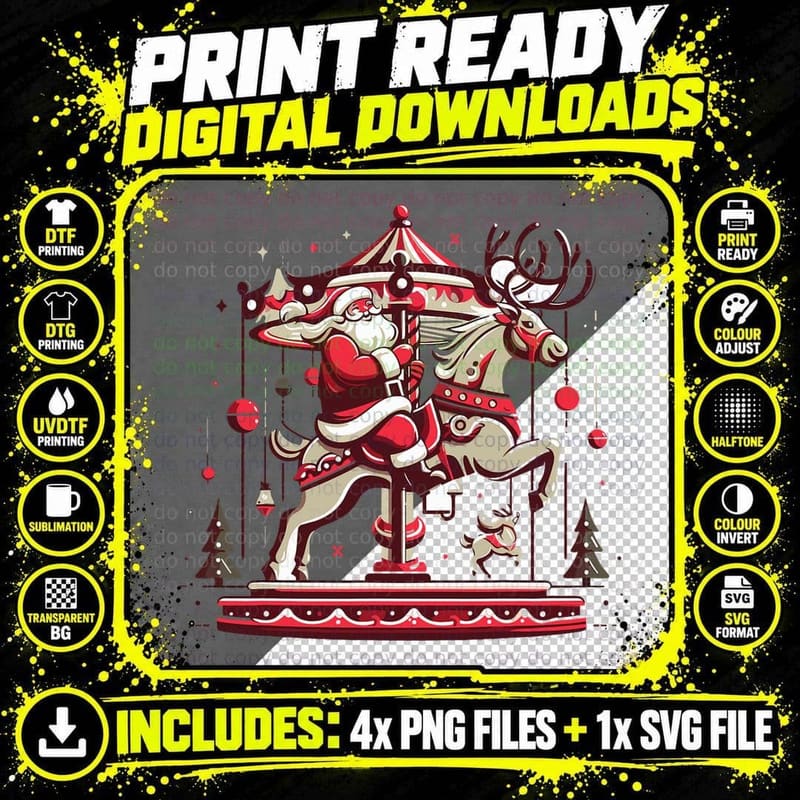 Santa Carousel Christmas Carousel Horse for Girls Funny Png SVG Digital Bundle