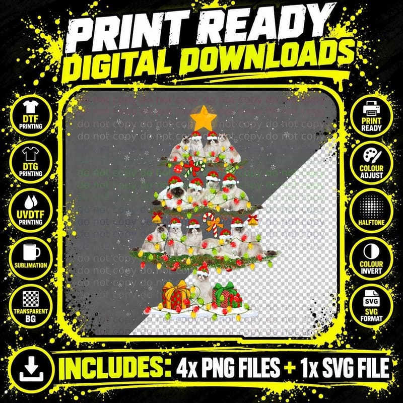 Santa Claus Ragdoll Cat Christmas Tree Decorations Xmas Png SVG Digital Bundle