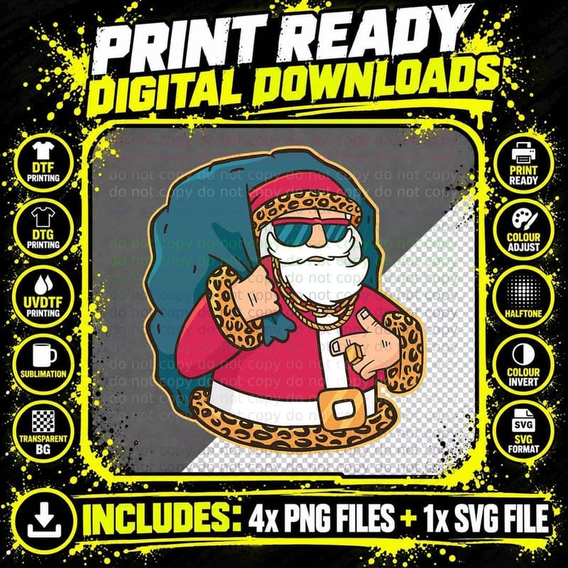 Santa Claus Rapper Leopard Plaid Christmas Matching Tree Png SVG Digital Bundle