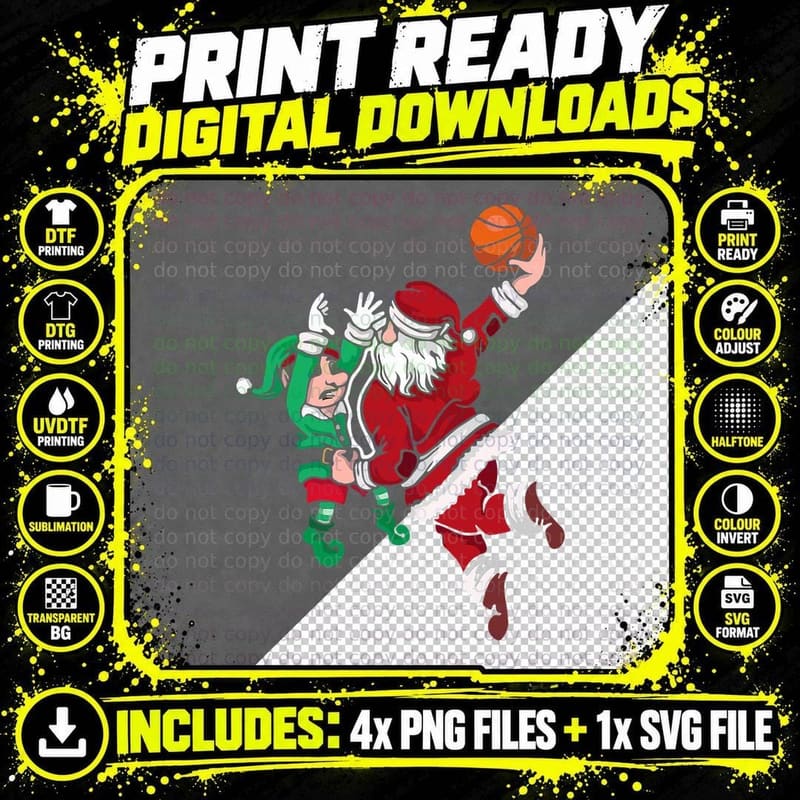 Santa Elf Playing Basketball Christmas Pajama Sport Png SVG Digital Bundle
