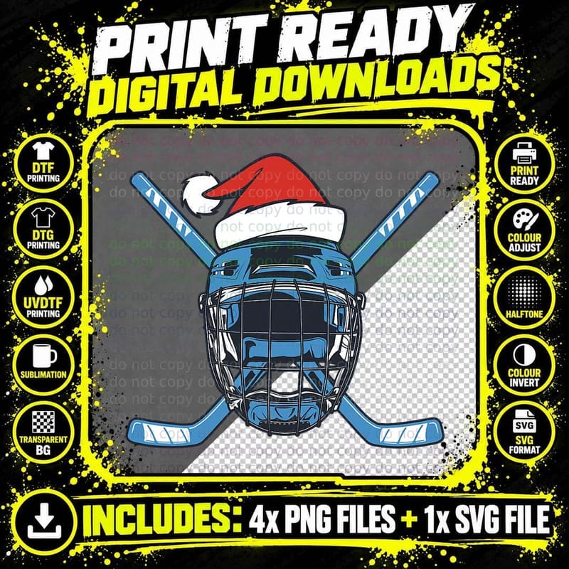 Santa Hat Hockey Sport - Christmas Ice Hockey Player Png SVG Digital Bundle