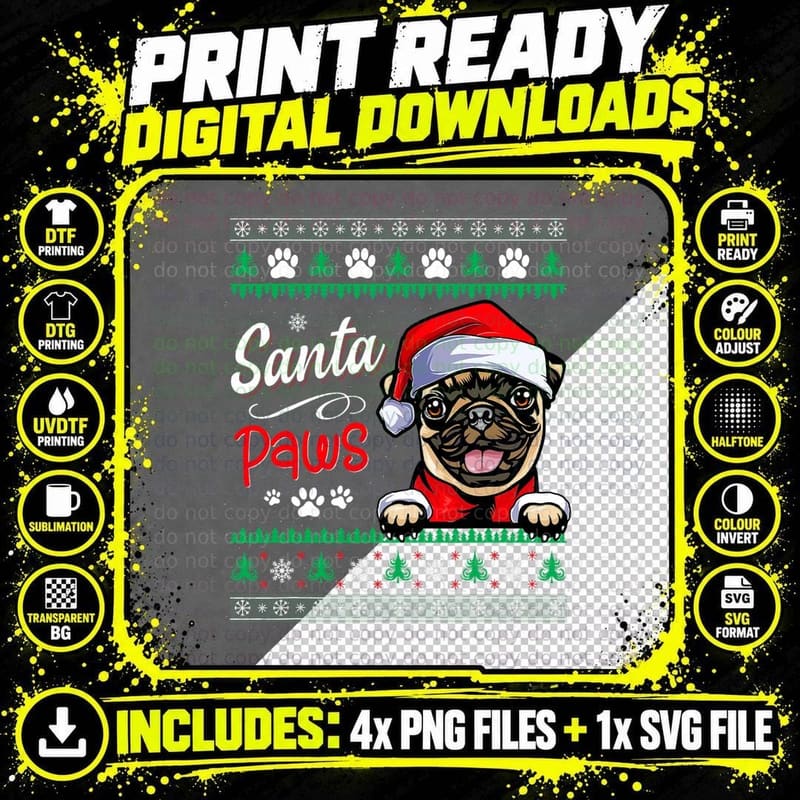 Santa Paws Christmas Dog Pug T-Shirt Png SVG Digital Bundle