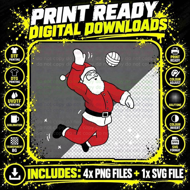 Santa Playing Volleyball Christmas Pajama Cool Sport Png SVG Digital Bundle
