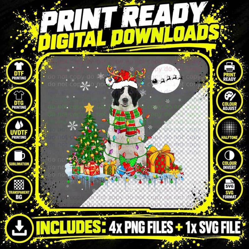 Santa Reindeer Landseer Christmas Tree Lights Dog Owner Png SVG Digital Bundle