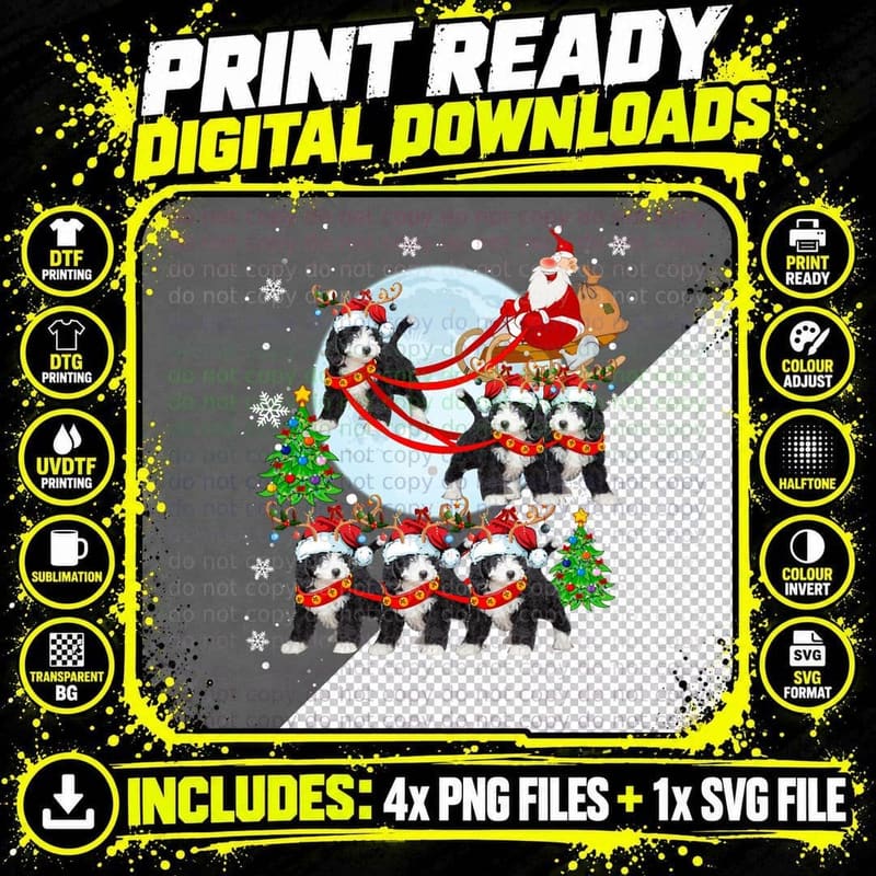 Santa Riding Reindeer Bernedoodle Sleigh Christmas Santa Png SVG Digital Bundle