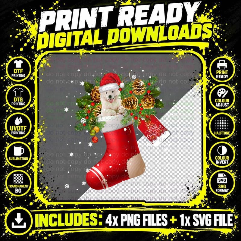 Santa Samoyed in Christmas Sock Pajama T-Shirt Png SVG Digital Bundle