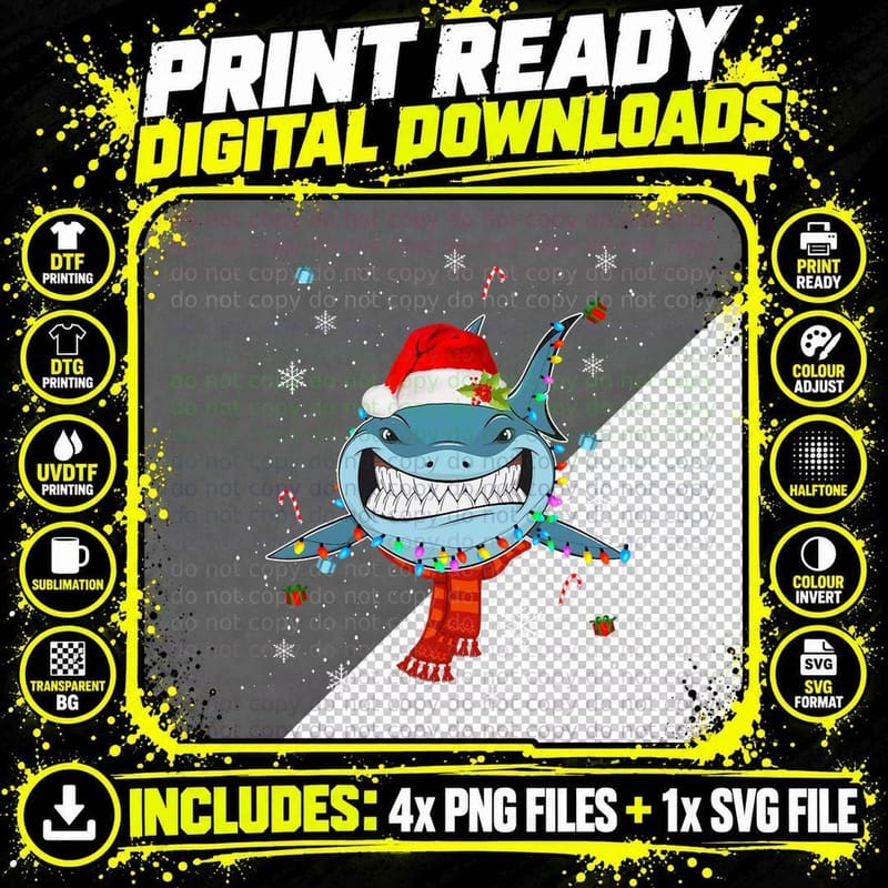 Santa Shark Christmas Lights T-Shirt Png SVG Digital Bundle