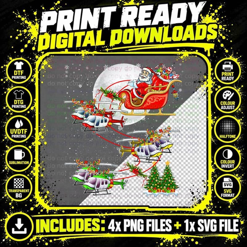 Santa Sleigh Reindeer Helicopters Christmas Tree Png SVG Digital Bundle