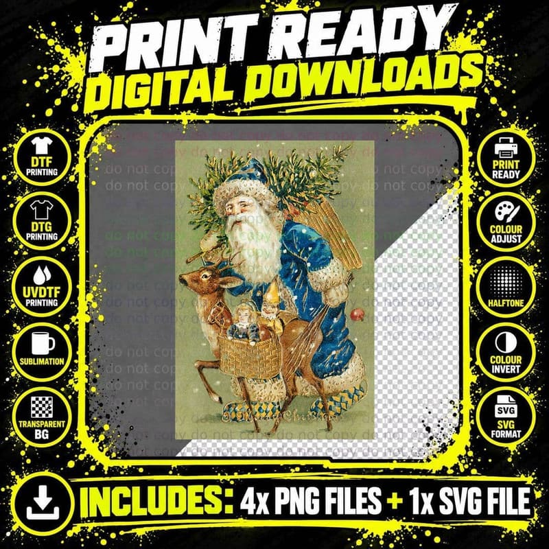 Santa Vintage Merry Christmas Reindeer Retro Artwork Png SVG Digital Bundle
