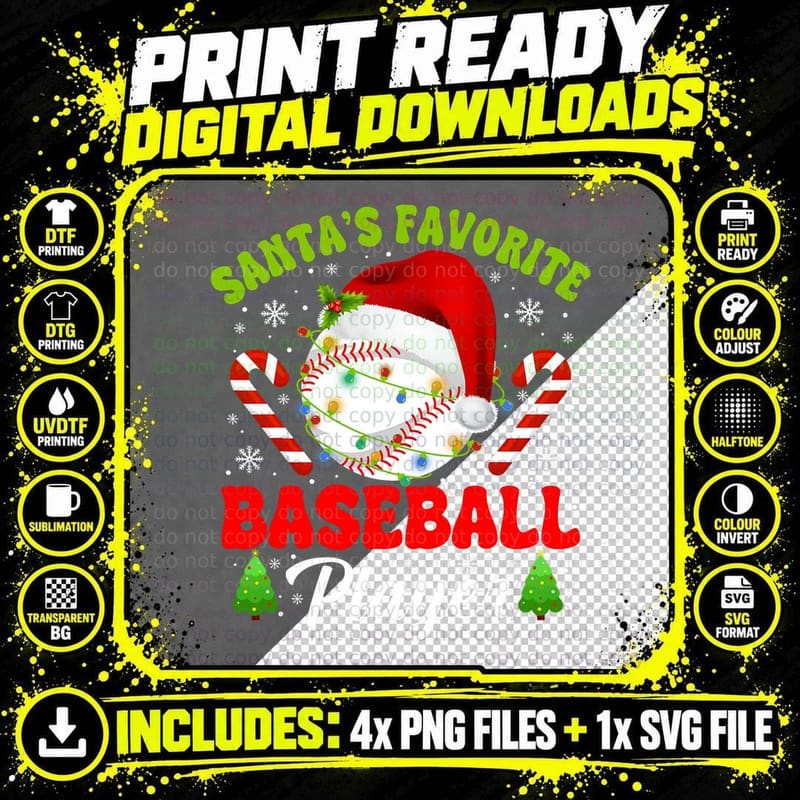 Santa's Favorite Baseball Player Christmas Sport Lover Png SVG Digital Bundle