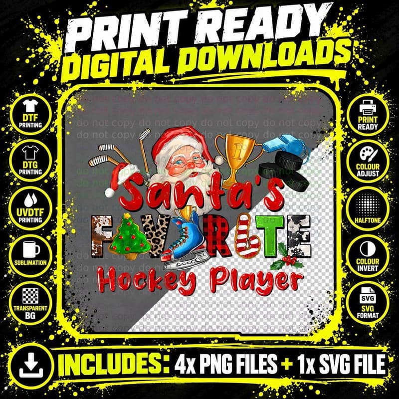 Santa's Favorite Hockey Player Christmas Sport Pajamas Png SVG Digital Bundle