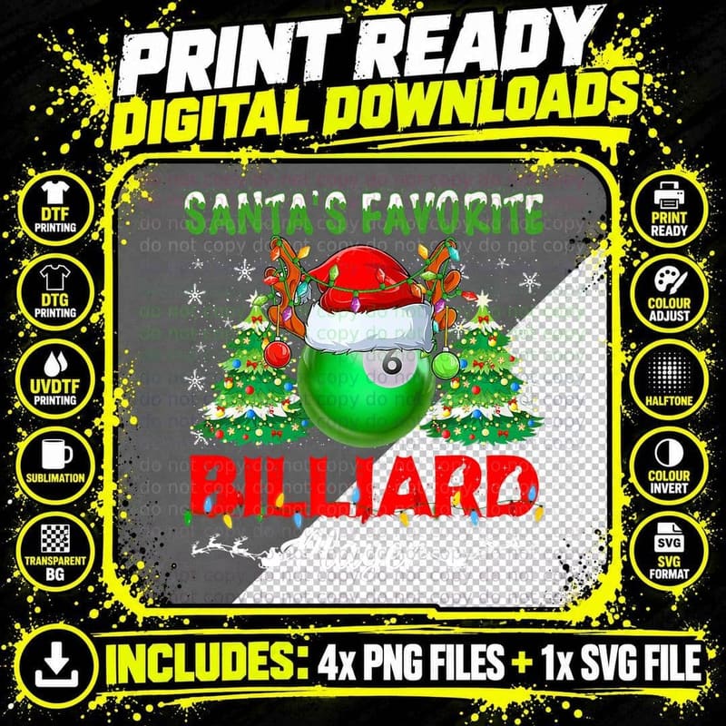 Santas Favorite Billiard Player Men Apparel Christmas Png SVG Digital Bundle