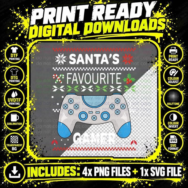 Santas Favourite Gamer Gaming Nerd E-Sport Christmas Png SVG Digital Bundle