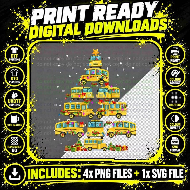 School Bus Christmas Tree Lights Funny Bus Driver Xmas Png SVG Digital Bundle