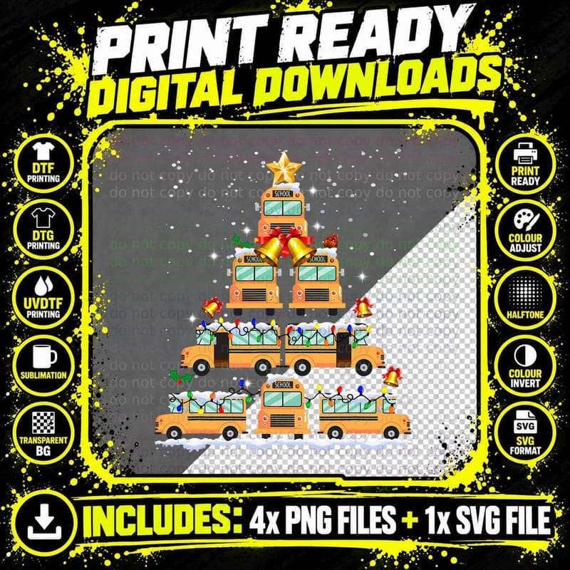 School Bus Christmas Tree Tee, Stacked Yellow Buses with Png SVG Digital Bundle