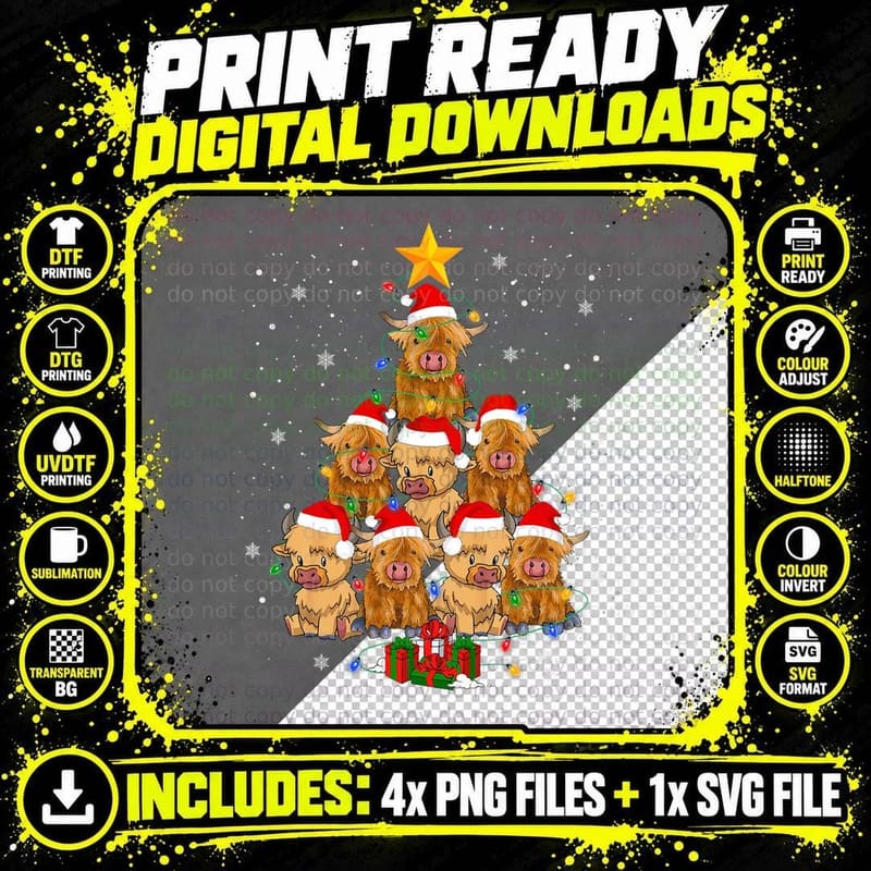 Scottish Highland Cow Christmas Tree Funny Cow Lover Png SVG Digital Bundle