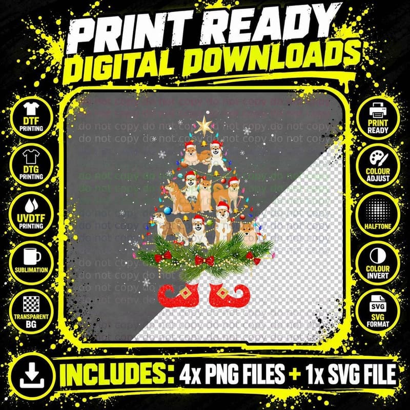 Shiba Christmas Tree Lights Cute Santa Hat Dog Lover Png SVG Digital Bundle