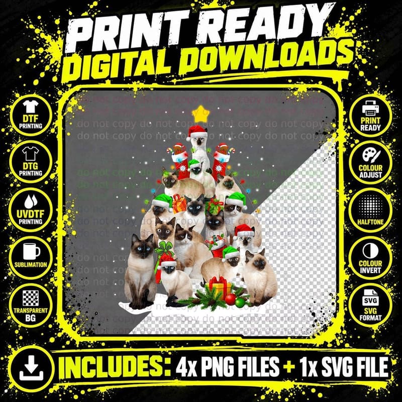 Siamese Cats Christmas Tree Santa Kitten Cute Cat Png SVG Digital Bundle