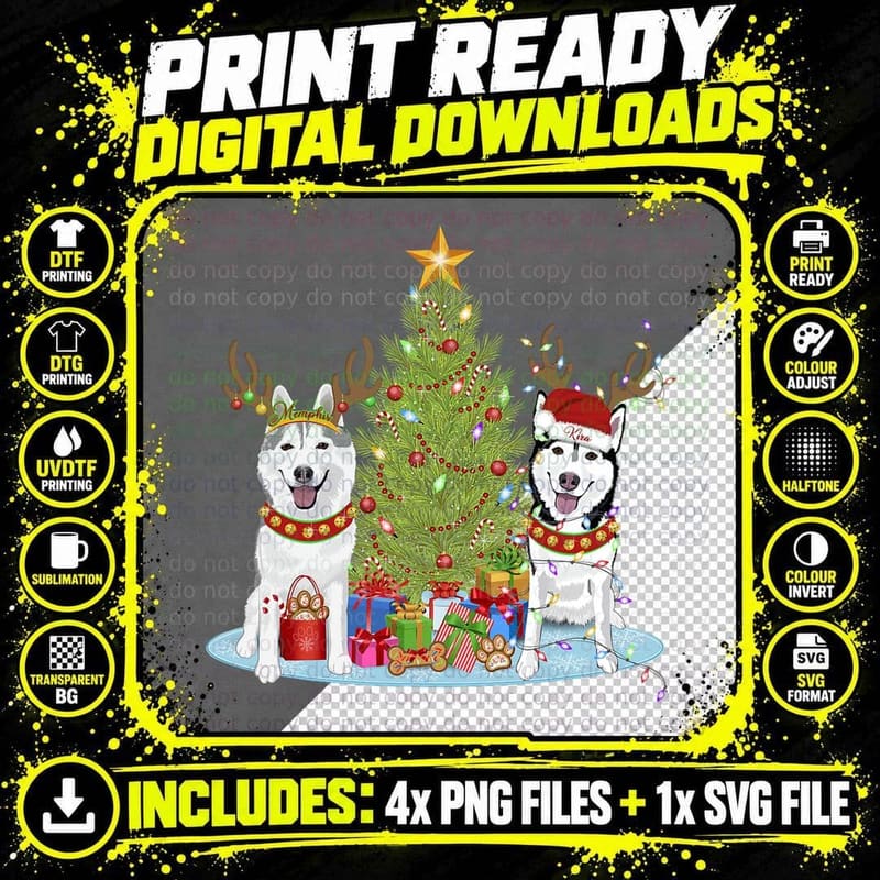 Siberian Husky Christmas Tree T-Shirt, Reindeer Dogs Png SVG Digital Bundle