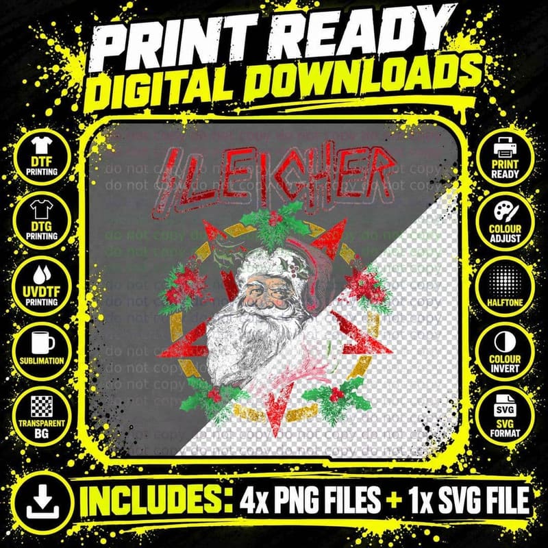 Sleigher Santa Pentagram T-Shirt, Heavy Metal Christmas Png SVG Digital Bundle