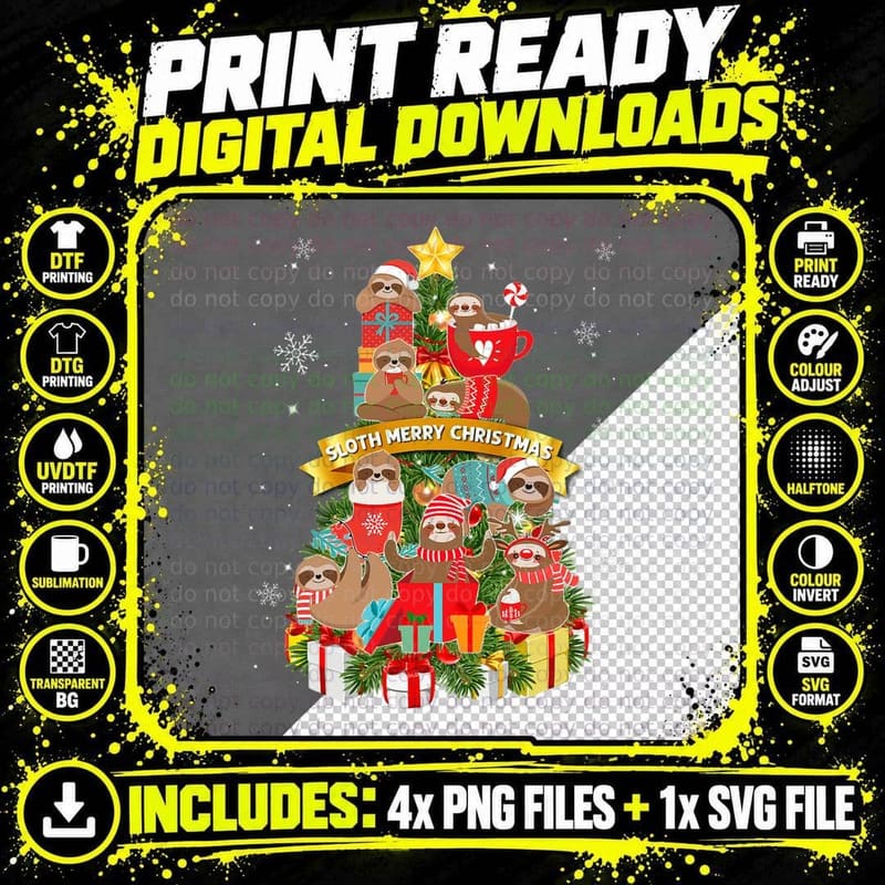 Sloth Merry Christmas Tree T-Shirt, Cute Sloth Design Png SVG Digital Bundle