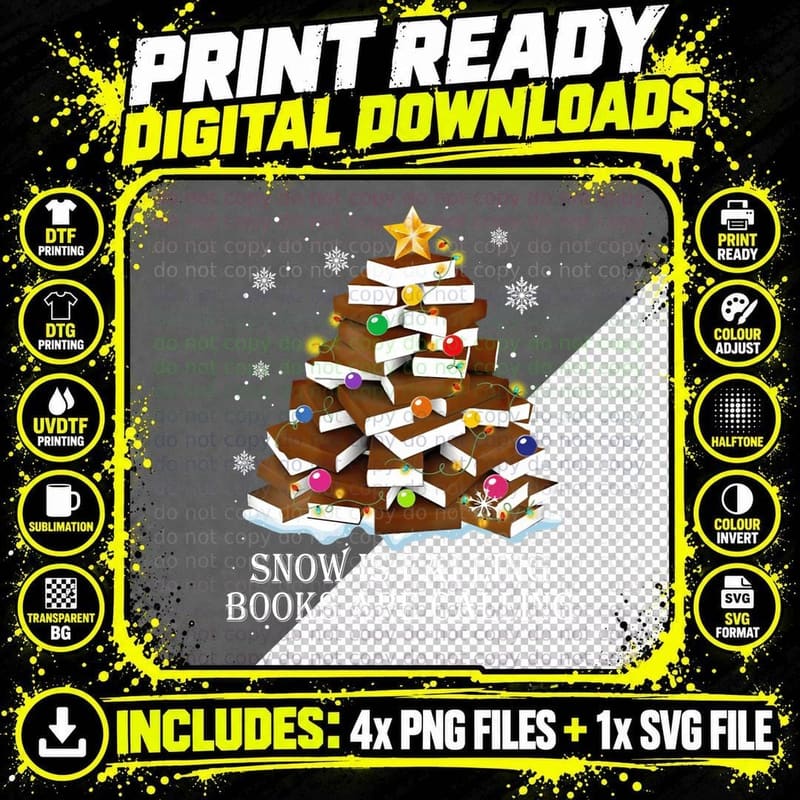 Snow Is Falling Books Are Calling Christmas Tree Books Png SVG Digital Bundle
