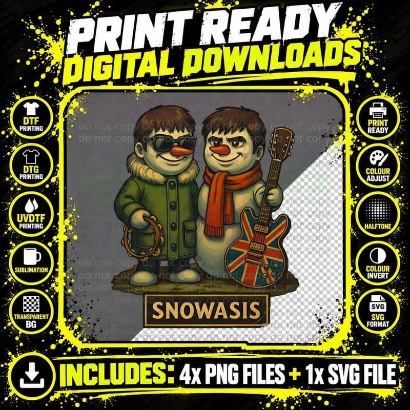 Snowasis Tee, Snowmen Britpop Guitar Duo Png SVG Digital Bundle