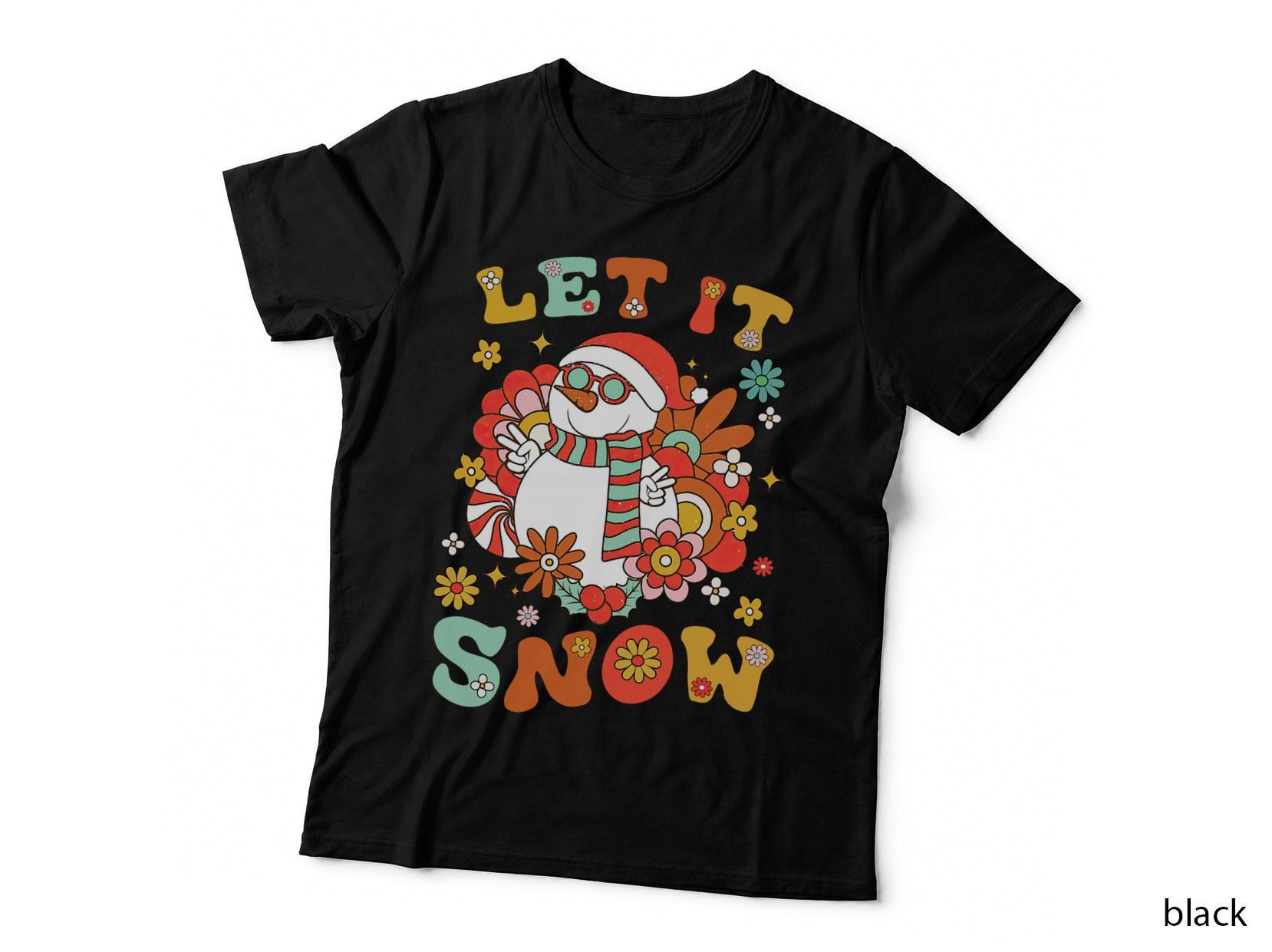 Snowman Let It Snow Christmas T-Shirt, Groovy Retro Style, Holiday Vibes