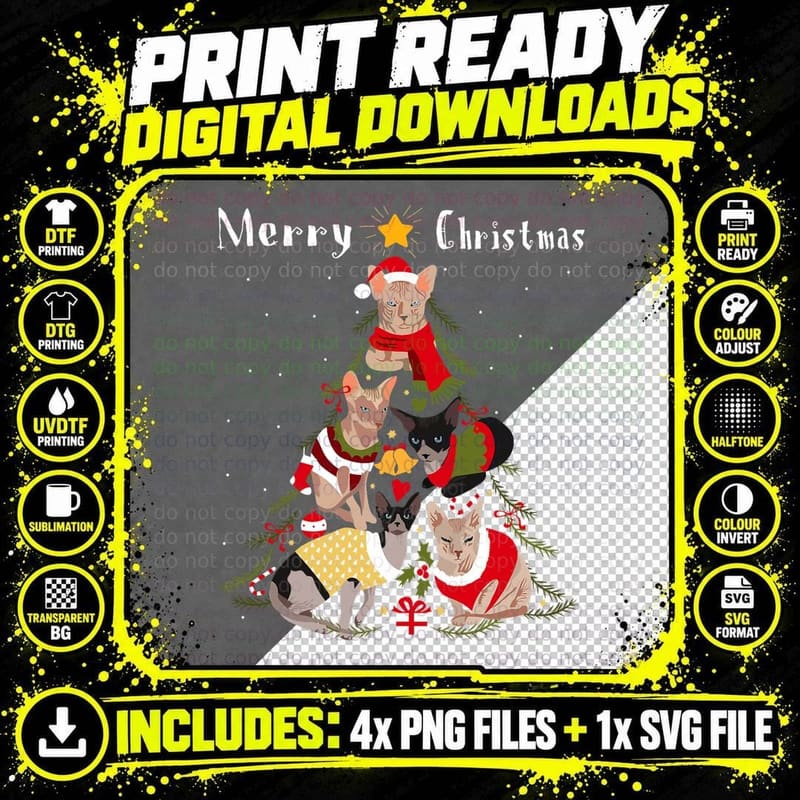 Sphynx Cat Christmas Tree T-Shirt, Merry Christmas Kitty Png SVG Digital Bundle