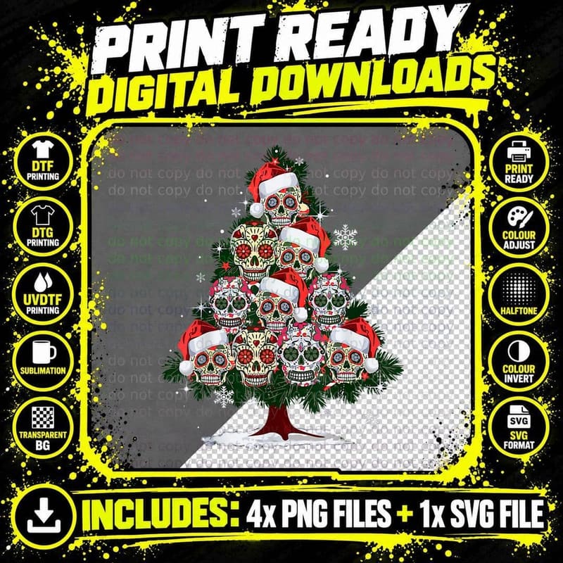 Sugar Skull Christmas Tree T-Shirt Png SVG Digital Bundle