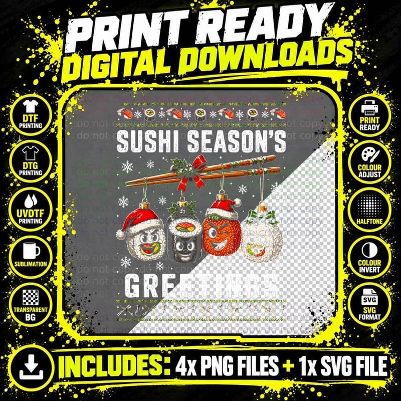 Sushi Christmas Ugly Sweater Japanese Food Holiday Roll Png SVG Digital Bundle